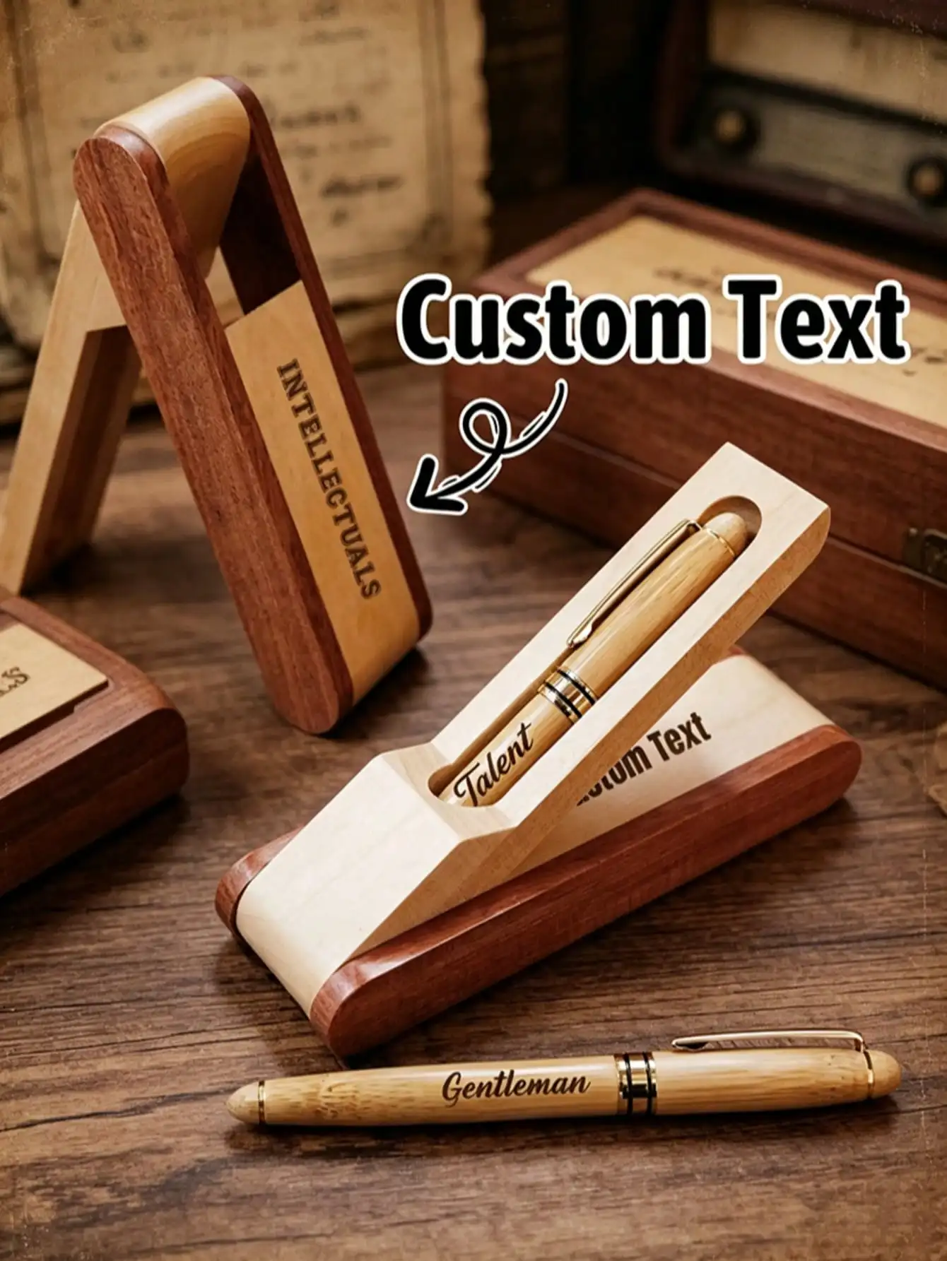 Customizable Laser Engraved Solid Wood Fountain Pen Stand Gift Box Vintage Log Signature Pen General Office Business Stationery