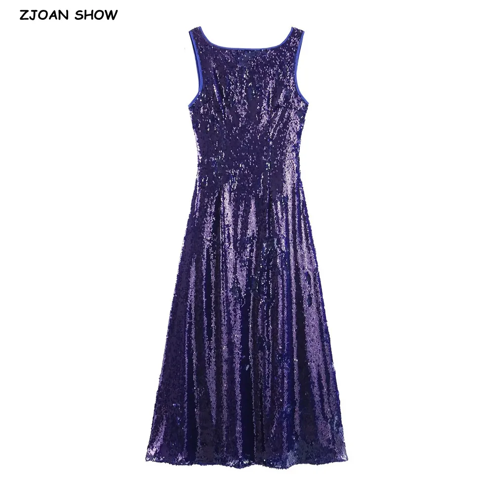 

2025 Sexy Blue Bright Sequins Beading Backless Sleeveless Dress Woman Slim Waist A-lined Maxi Long Party Dresses Femme Vestidos