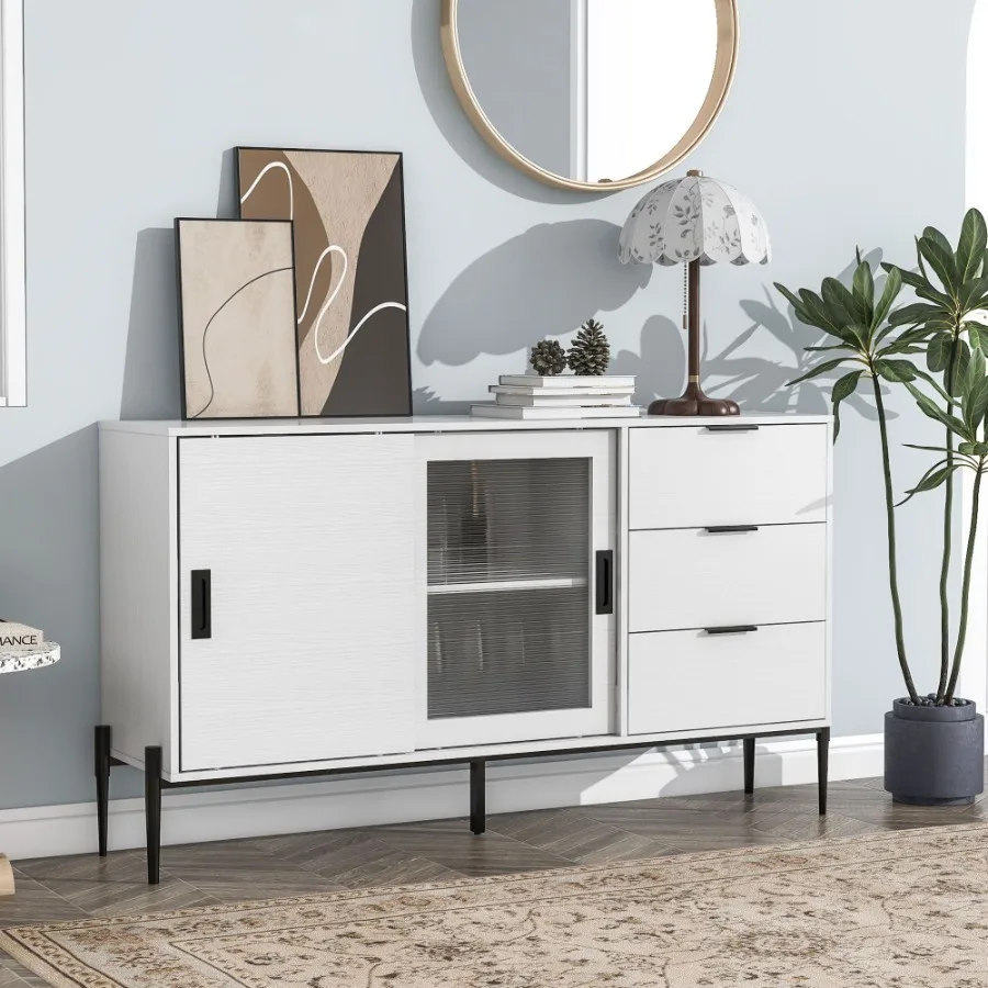 

Modern Featured Storage Cabinet Sideboard with Glass Sliding Door and 3 Drawers Entryway Console Table Kitchen Buffet Cabinet f