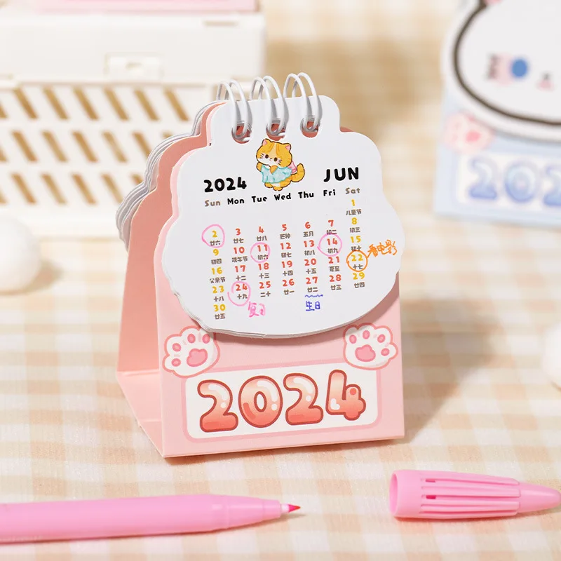 2024 Cartoon Cat Calendar Mini Calendar Decoration Gifts Portable Kawaii Calendar Office Desk Decoration Supplies