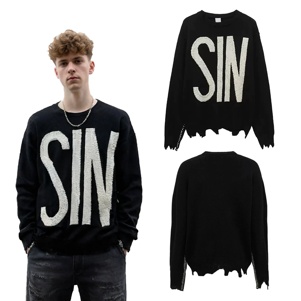 

Autumn Streetwear Clothing Men's Vintage Y2k Tops Round Neck Knit Sweater Hip Hop Street Style Cotton Casual Long Sleeve Sweater