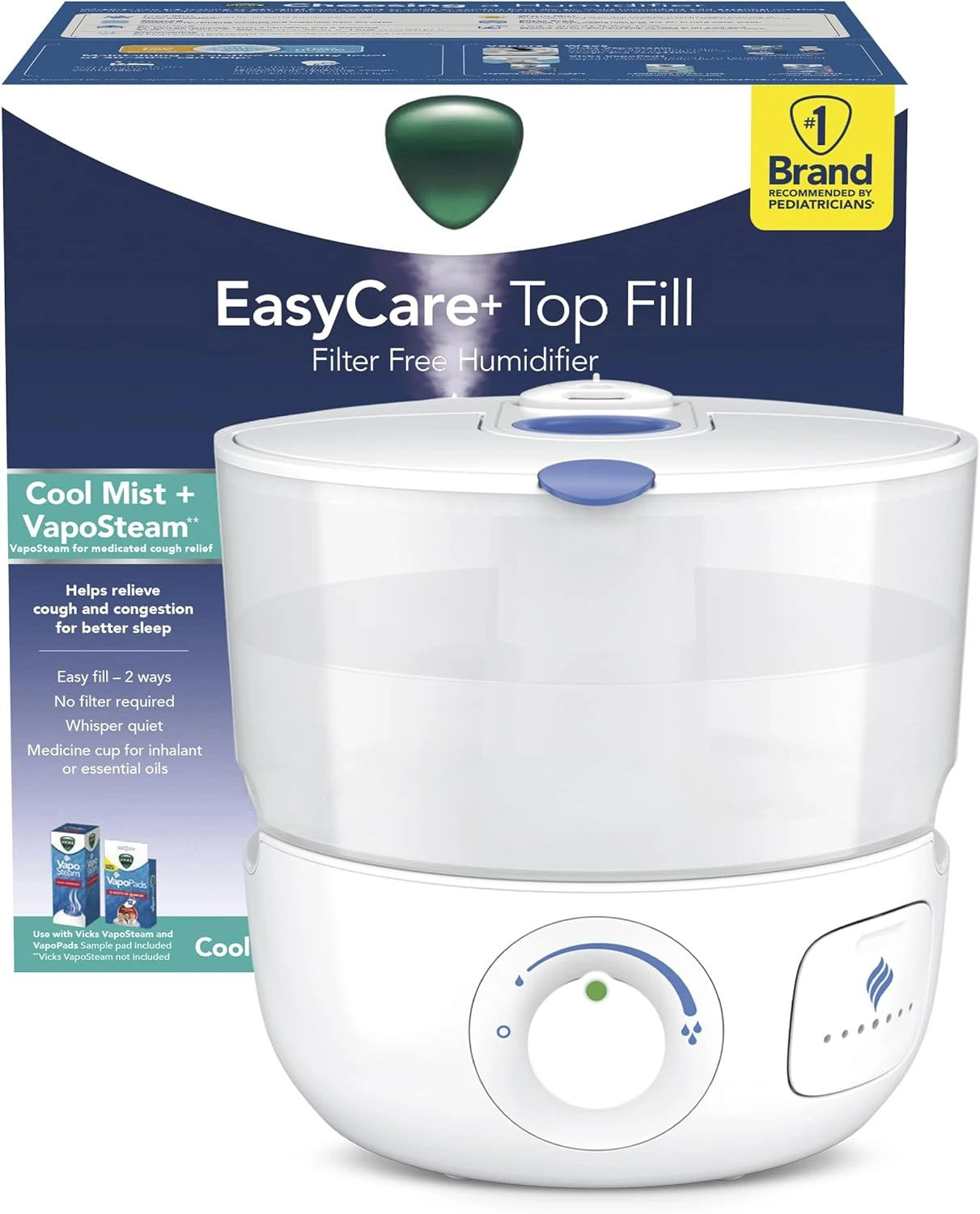 

EasyCare+ Top Fill Filter-Free Cool Mist Humidifier, Small Room\u2013For Vapors 2 Ways \u2013Works with VapoPads and VapoSteam,