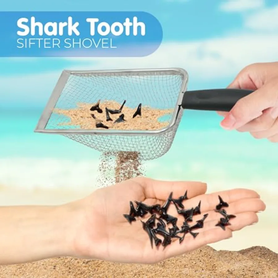 Shark Tooth Sifter for Beach with Small Mesh Beach Bag for Shell Collecting, Metal Sand Scoop for Picking Up Shells - Beach Toy