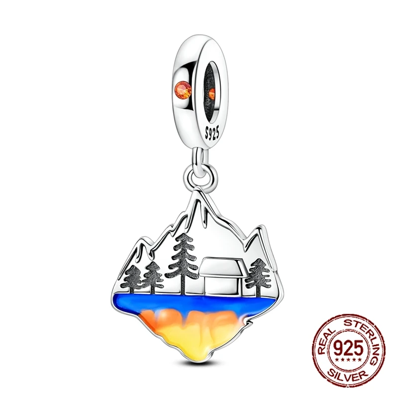 

925 Sterling Silver Adventure Hiking Golden Mountain Sunrise Pendant Charm Fit Original Charm Bracelets Women DIY Jewelry Gift