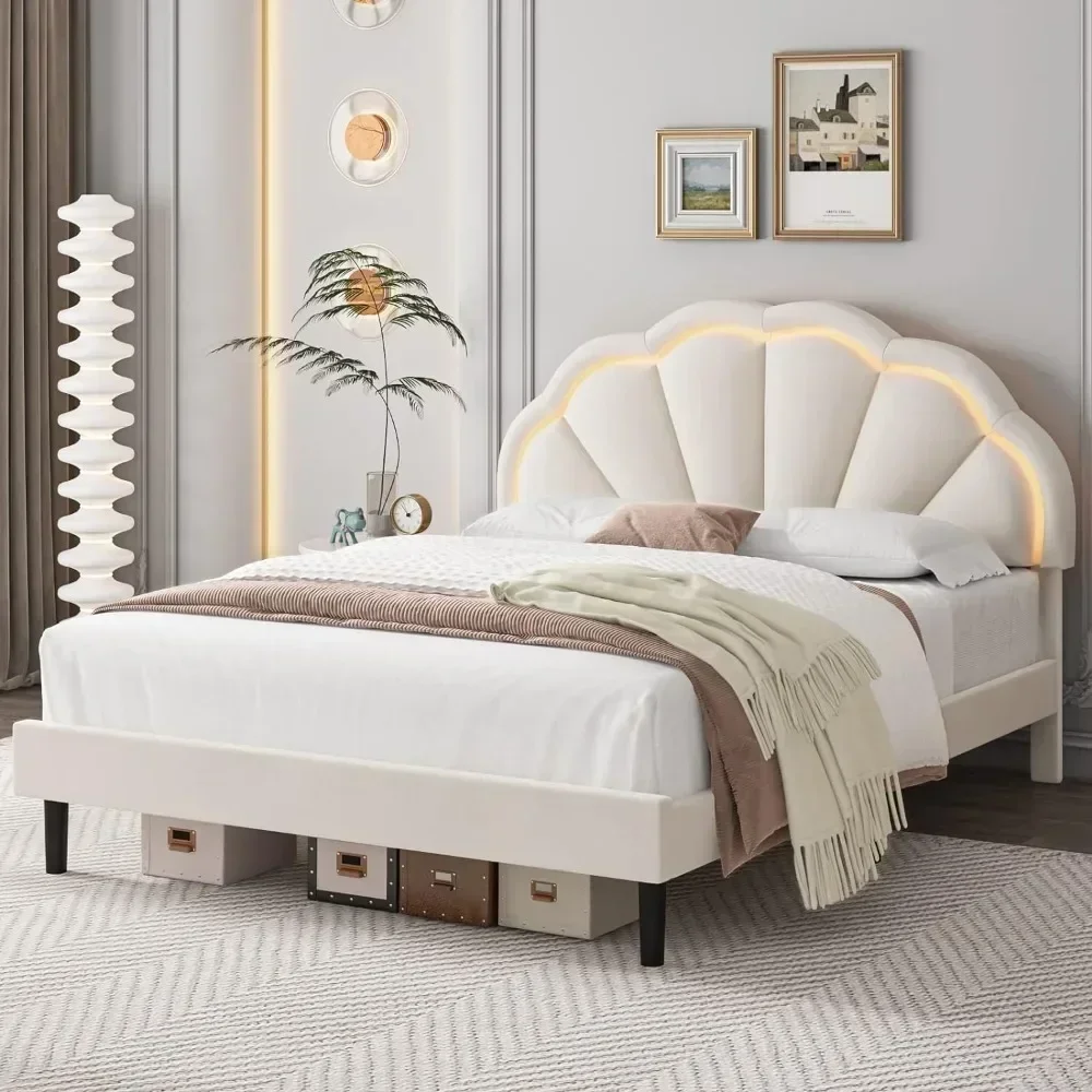 Upholstered Smart LED Bed Frame with Adjustable Elegant Flower Headboard, Wooden Slatted Support, Full Size Platform Bed Frame