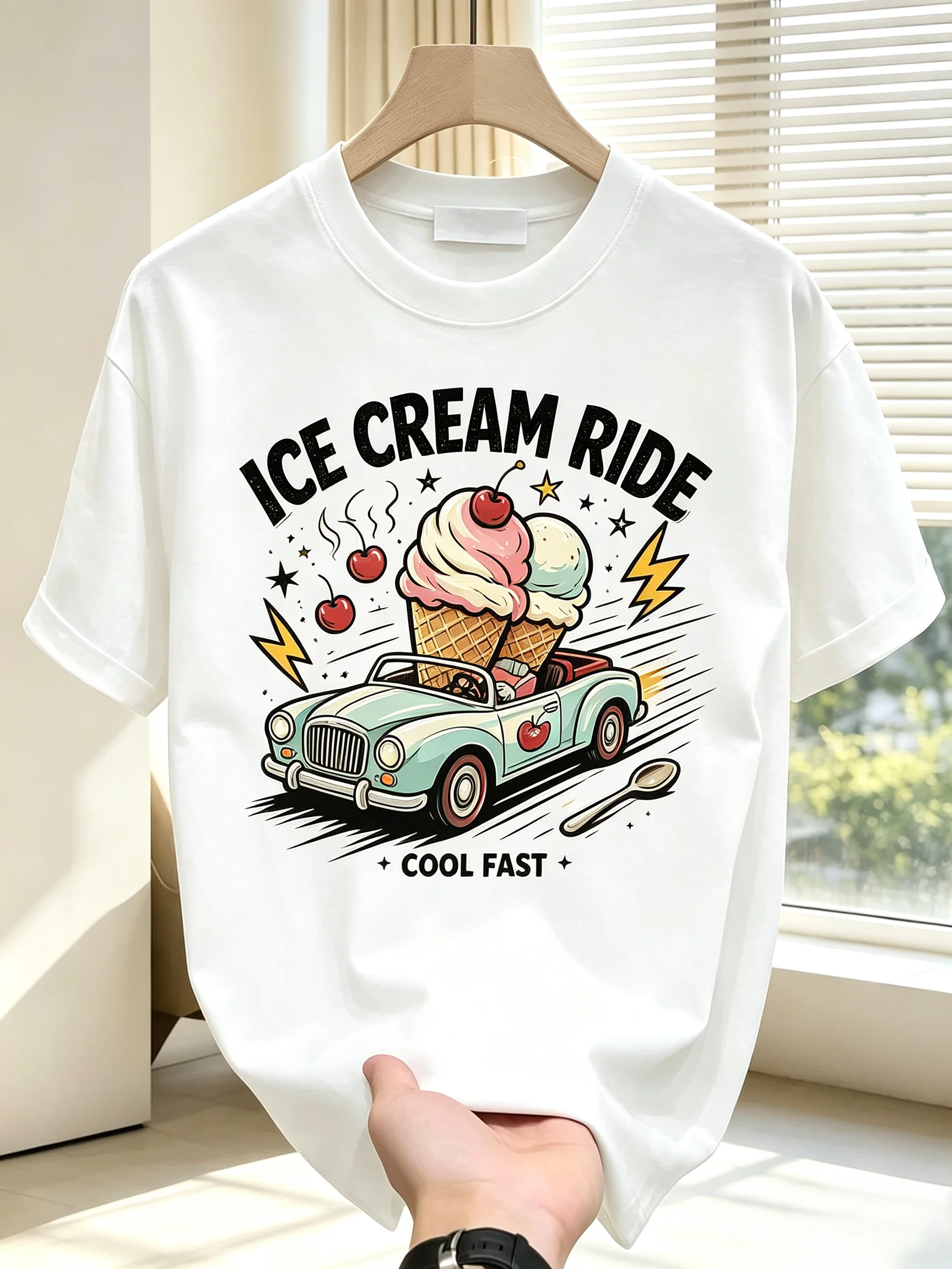 Unisex ICE CREAM RIDE Vintage Convertible Car Ice Cream Cherry Graphic T Shirt Men Women Cool Fast Cartoon Urban Short Sleeve White Casual Tee