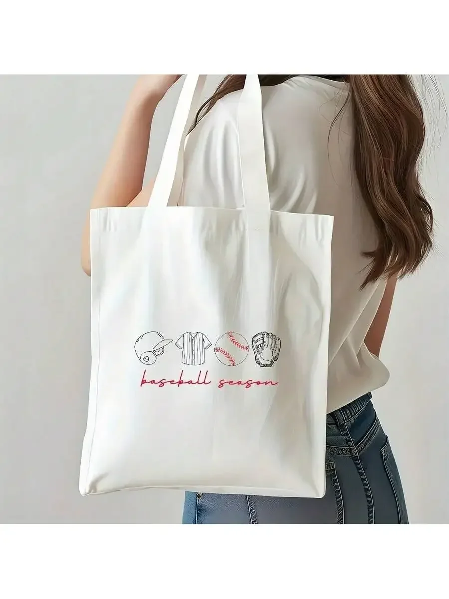 

Womens Baseball Theme Tote Bag With Cap Jersey Ball Glove Print Polyester Canvas Open Top Casual Sports Handbag