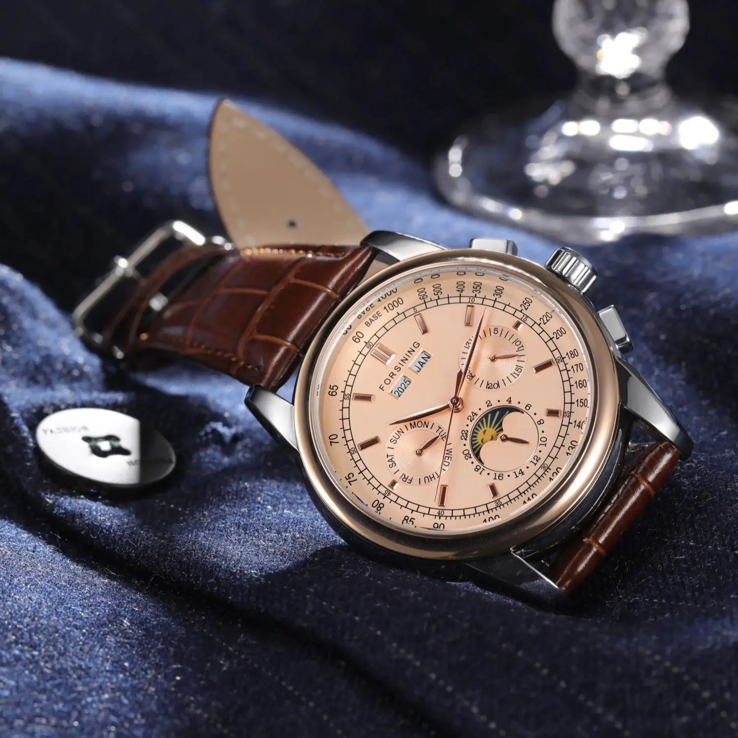 Men's Retro Mechanical Moon Phase Watch, Rose Gold