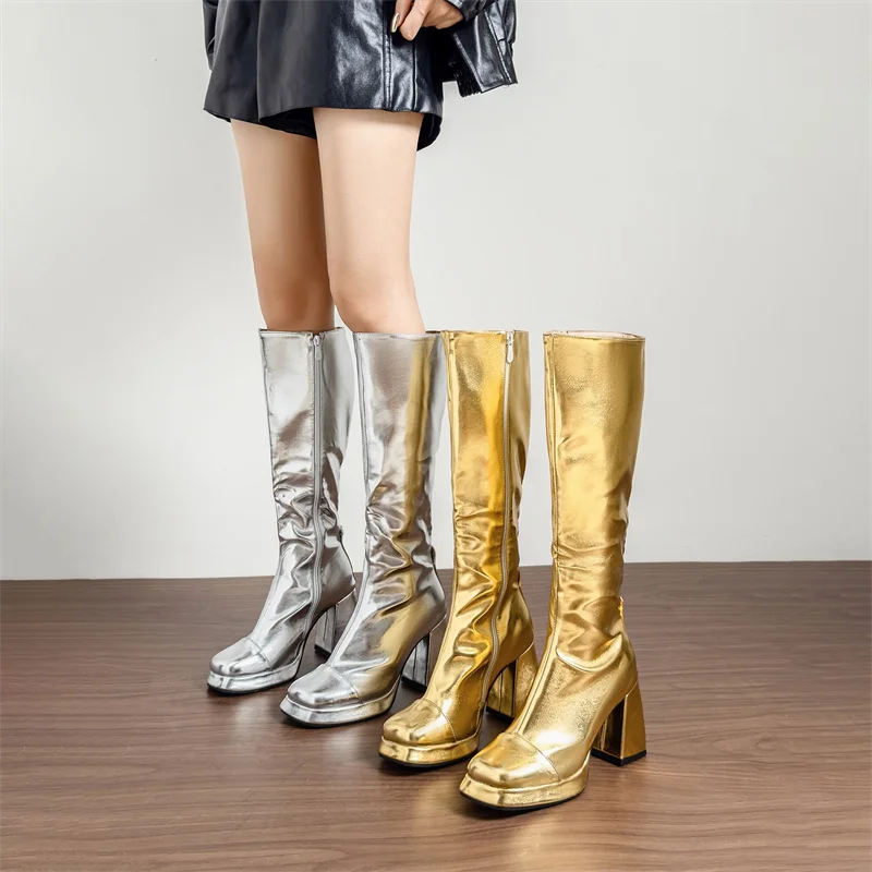 Silver Knee High Platform Boots Women Thick Heels Gold Metallic PU Party Show Ladies Shiny Square Toe Zipper Pleated Long Boots