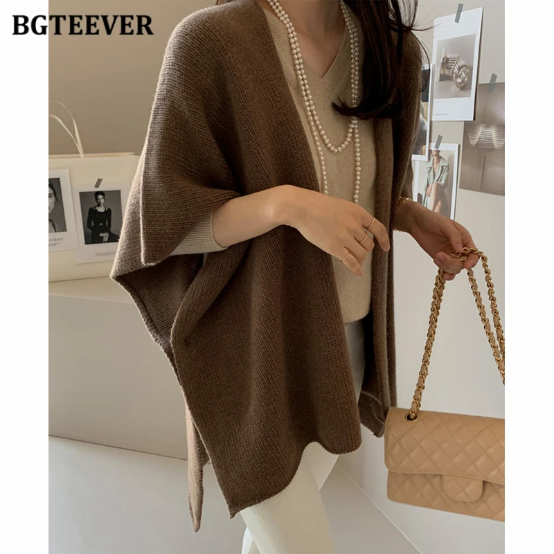 BGTEEVER Stylish Oversized Women Knitted Shawl Elegant Long Sleeve Loose Female Sweaters Coat Autumn Winter Ladies Cardigans