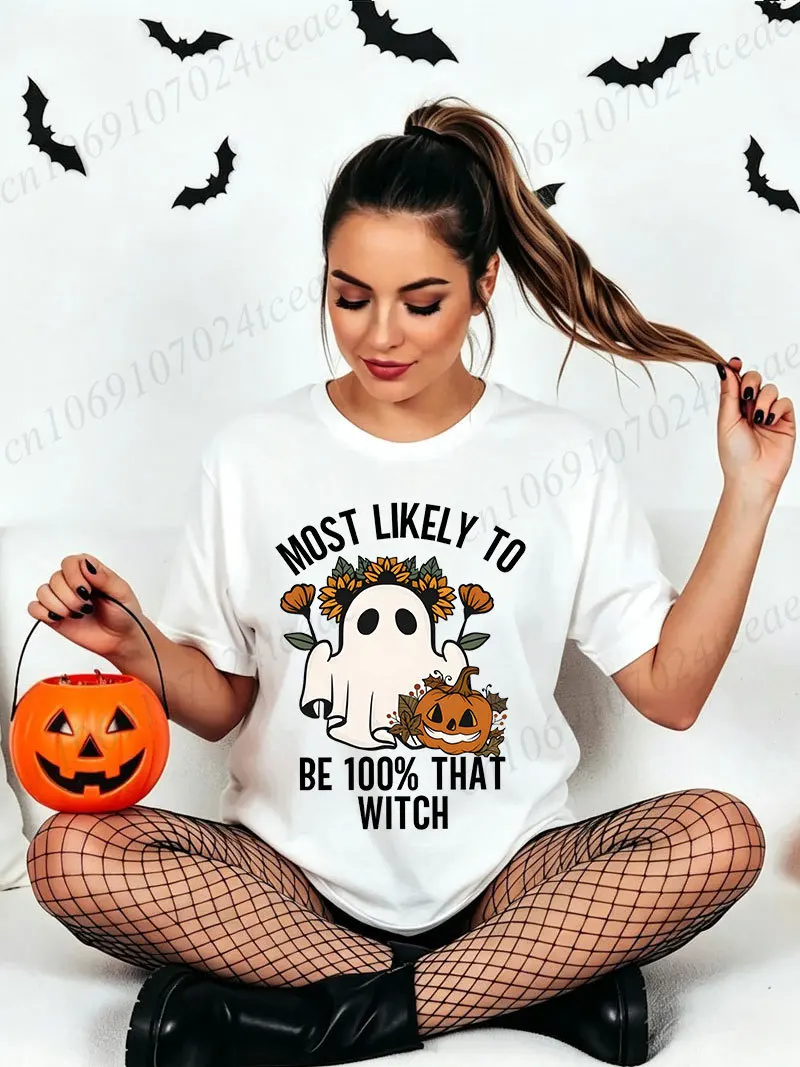 Women Halloween T‑shirt Most Likely To Be That Witch Graphic Tees Holiday Party Tops Most Likely To Be...print T-Shirts Gifts