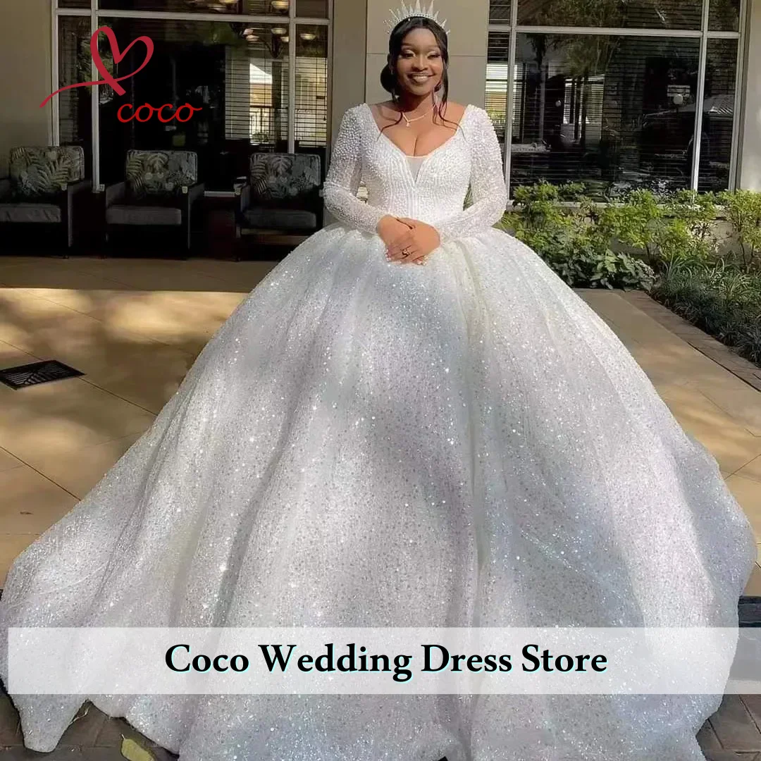 Customized Glitte Dubai Arabia Long Sleeve Wedding Dresses Plus Size Ball Gown Party Woman Dress Sequined Wedding Gowns