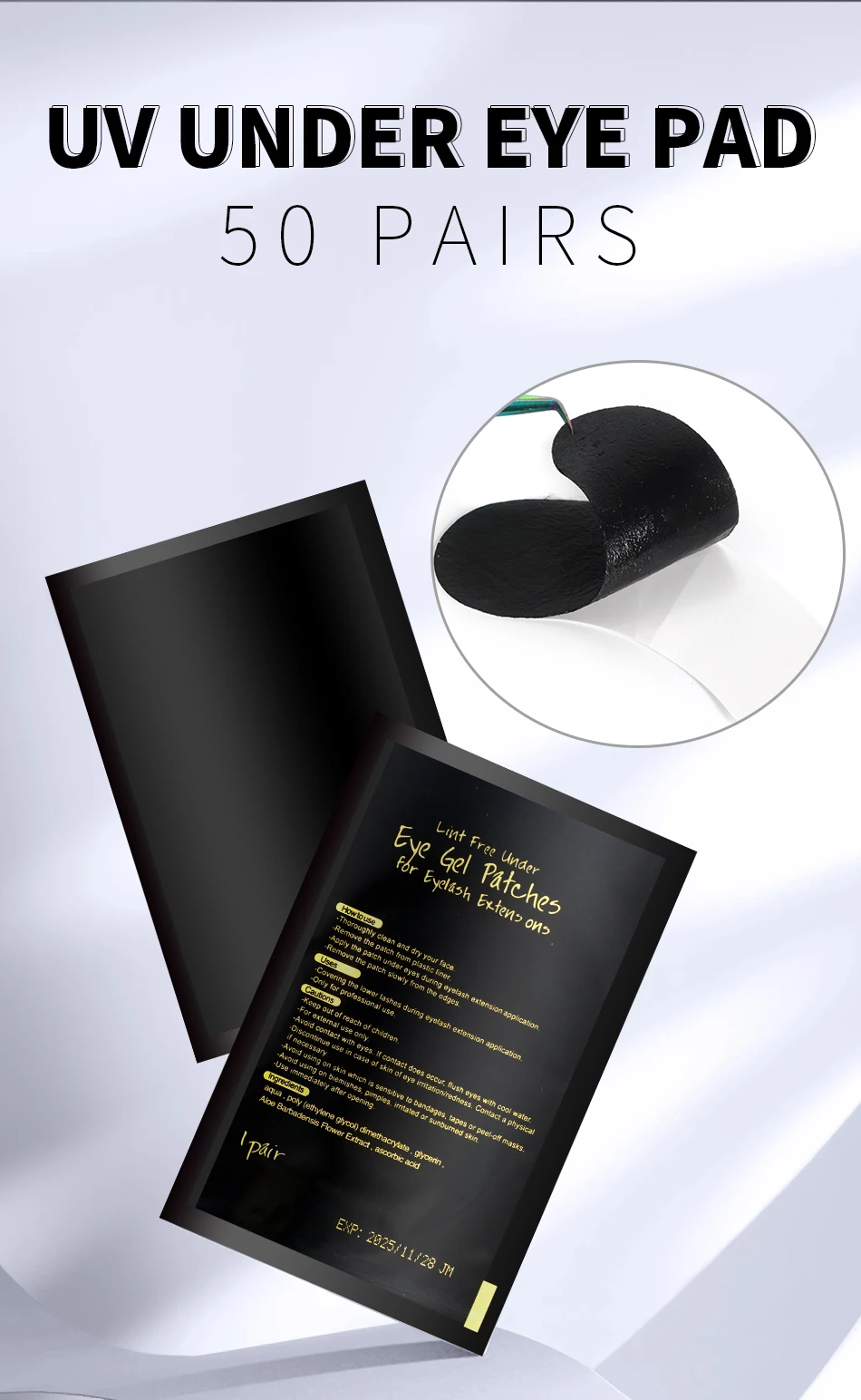 UV-Patches 50 Paar Hydrogel-Wimpernpflaster, schwarzes Pad, Wimpernpflaster, Schönheits- und feuchtigkeitsspendende Augenmaske für Wimpernverlängerungs-Make-up – Detail 1