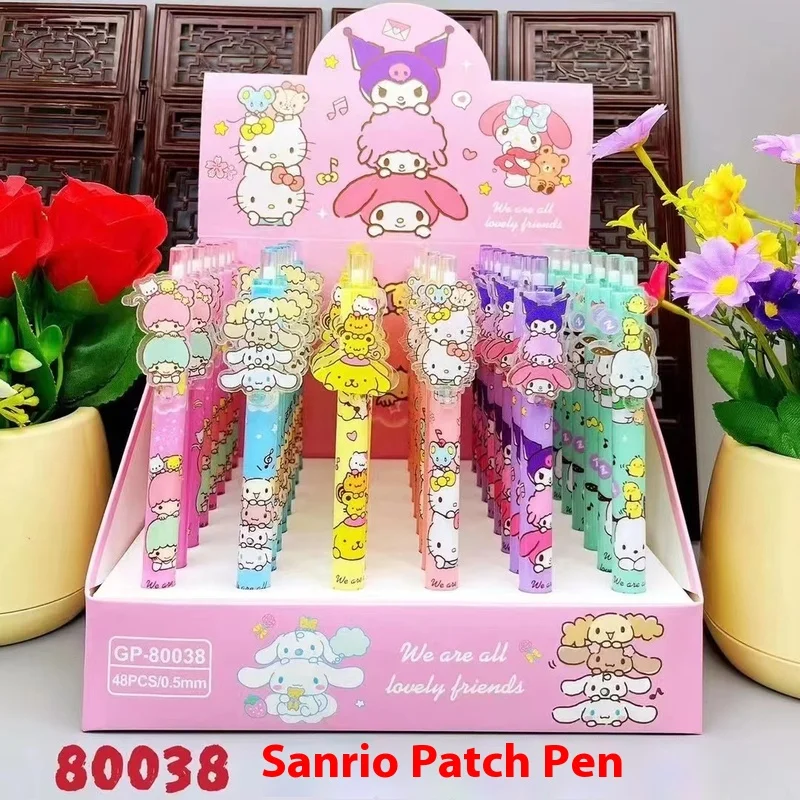 Imagem -02 - Sanrio 48 Peças Caneta Gel Preto 0.5 mm Kuromi Olá Kitty Minha Melodia Bonito Remendo Imprensa Caneta Estudante Pochacco Gel Caneta Menina Presente de Aniversário