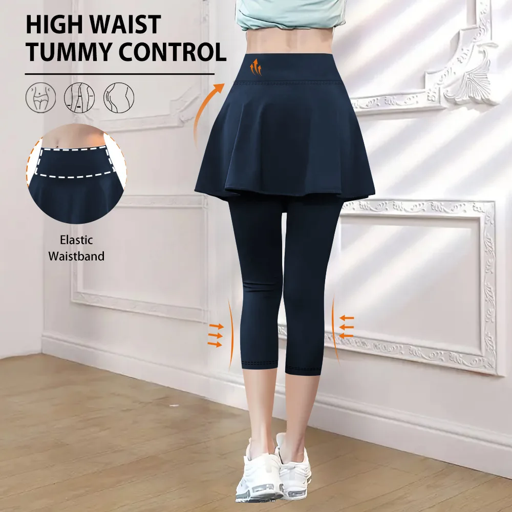 سروال نسائي أوروبي أمريكي مزيف مكون من قطعتين 7/8 سكورت - خصر عالي مع جيب من حرير الحليب كاجوال للتمرين لملابس خارجية #3