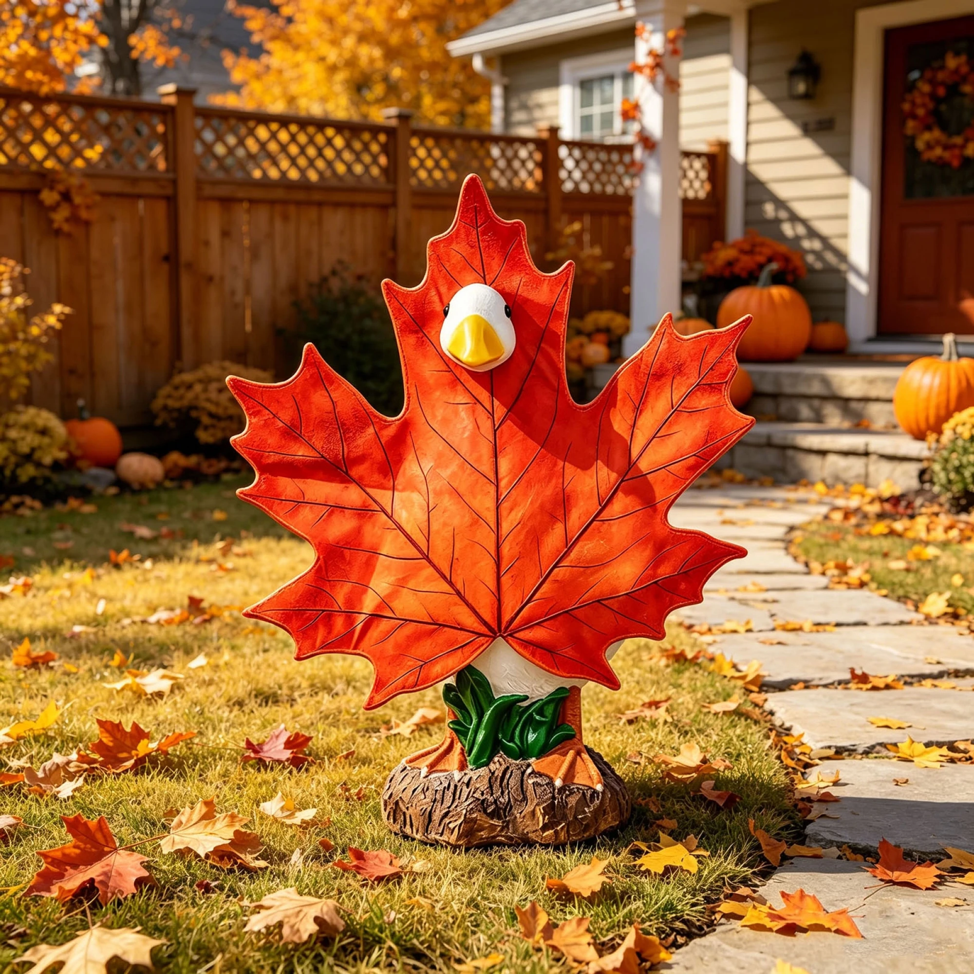 Fall Porch Goose Outfit Maple Leaf Costume for 23 Thanksgiving Party Cement Goose Patio Yard Outdoor Decoration