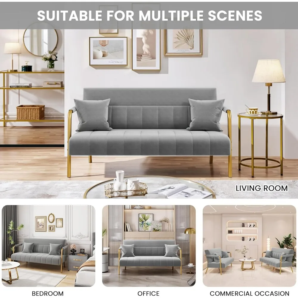 أريكة مخملية فاخرة بأذرع وأرجل معدنية ذهبية لغرف المعيشة الصغيرة، أريكة حديثة 56.5 وات، راحة المكتب المنزلي #6