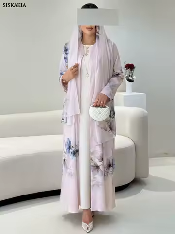Siskakia Dubai Floral Print Abaya Hijab included Muslim Elegant Women Evening Dress