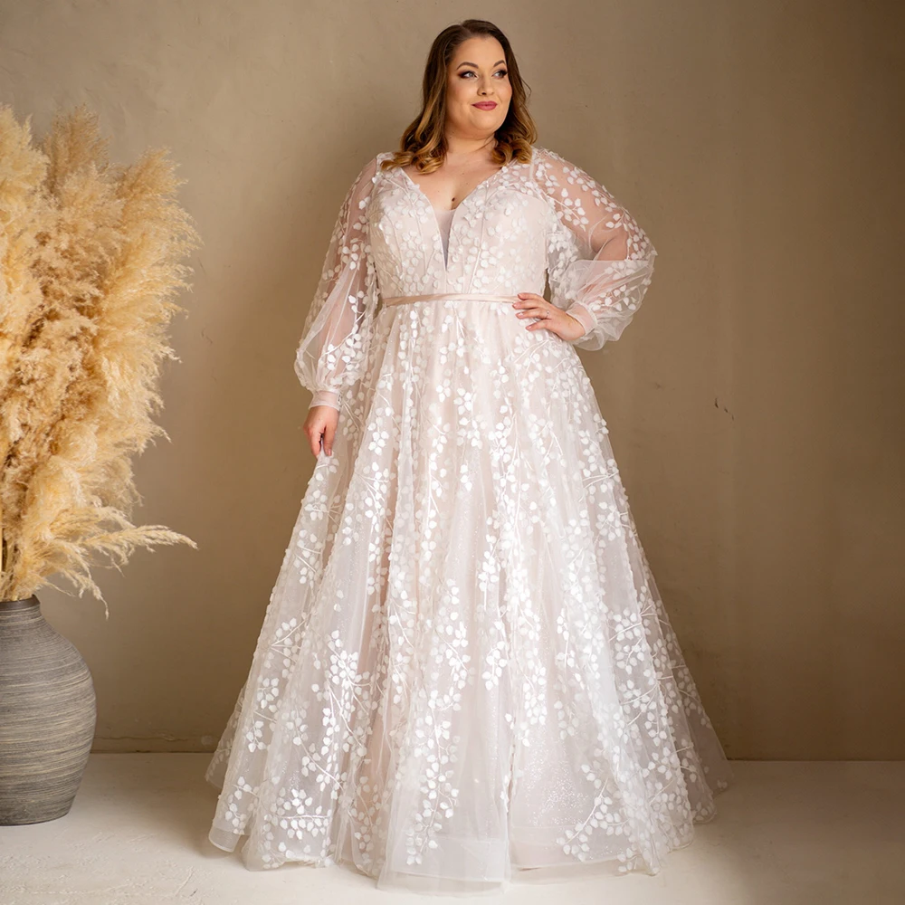 Robe de mariée en dentelle grande taille, manches bouffantes, col en V, ligne A, longueur au sol, robe de patients, grande femme, mariée, 2024