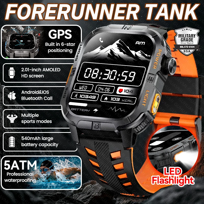 

Новые мужские смарт-часы Forerunner TANK GPS 2026 года с фонариком, водонепроницаемостью 5ATM, аккумулятором 540 мАч, Bluetooth-вызовами и спортивными функциями