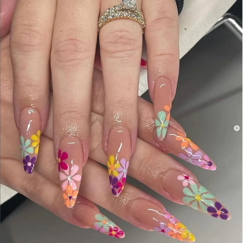 

24PCS Colorful Gradient Flower French False Nail with Glue Summer Stiletto Ins Style Press on Nail Acrylic Detachable Fake Nail