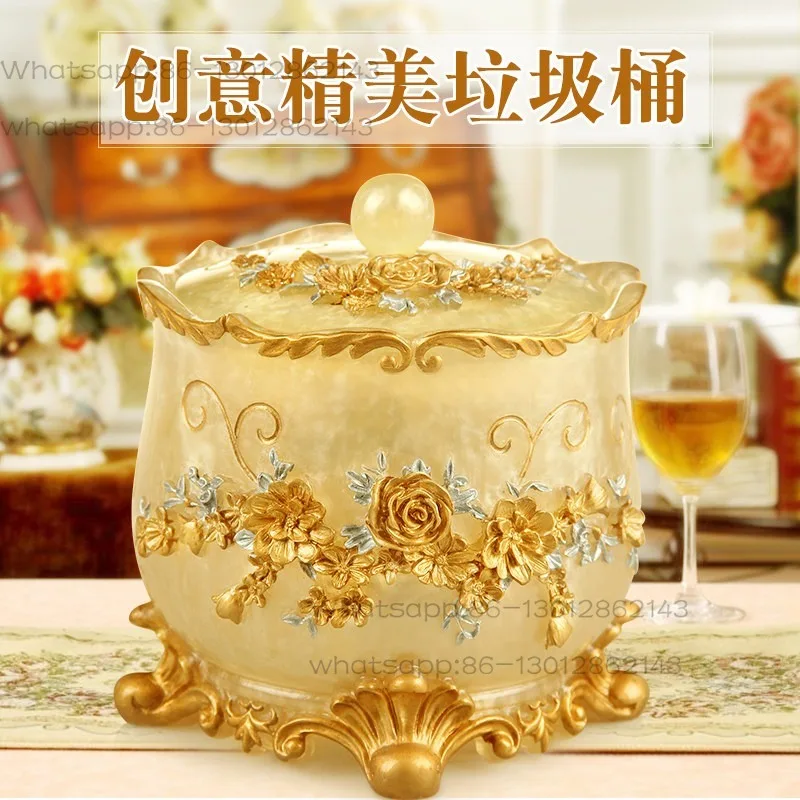 Living room household trash can with lid, housewarming high-end resin trash basket, creative desktop storage bucket