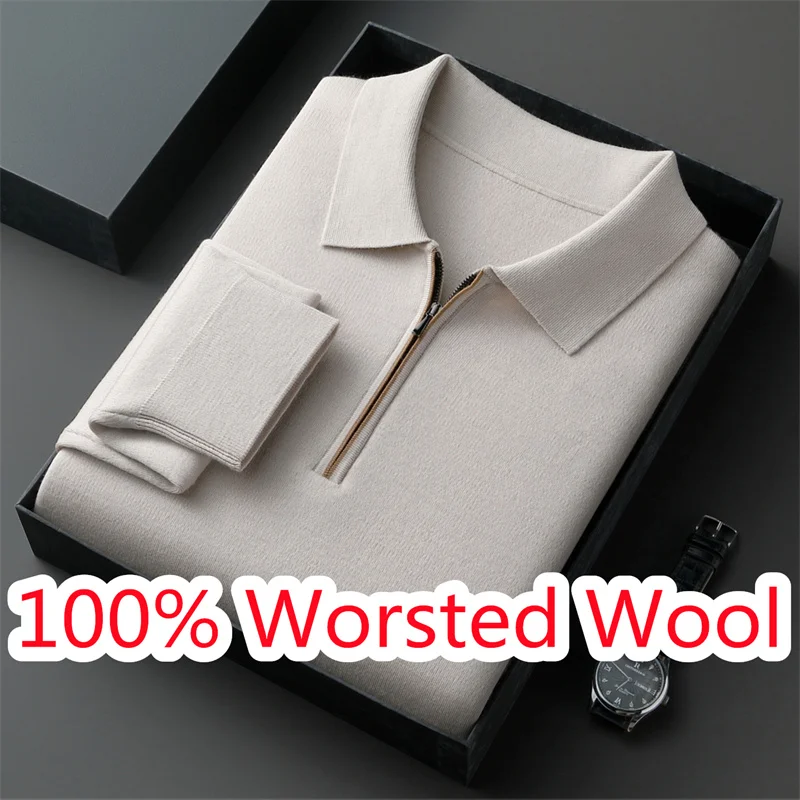 100% ウール混紡ポロシャツ 高級メンズ クラシック ターンダウンカラー ニットTシャツ 長袖 男性用 羊毛 ジップアップ ジャンパー プルオーバー