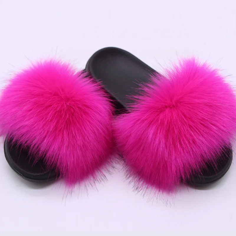 Damen Kunstfell-Slipper Flauschige Offene Pantoffeln für Drinnen und Draußen Lässige Flache Sandalen Luxuriöse Pelzige Slides für Damen – Detail 9
