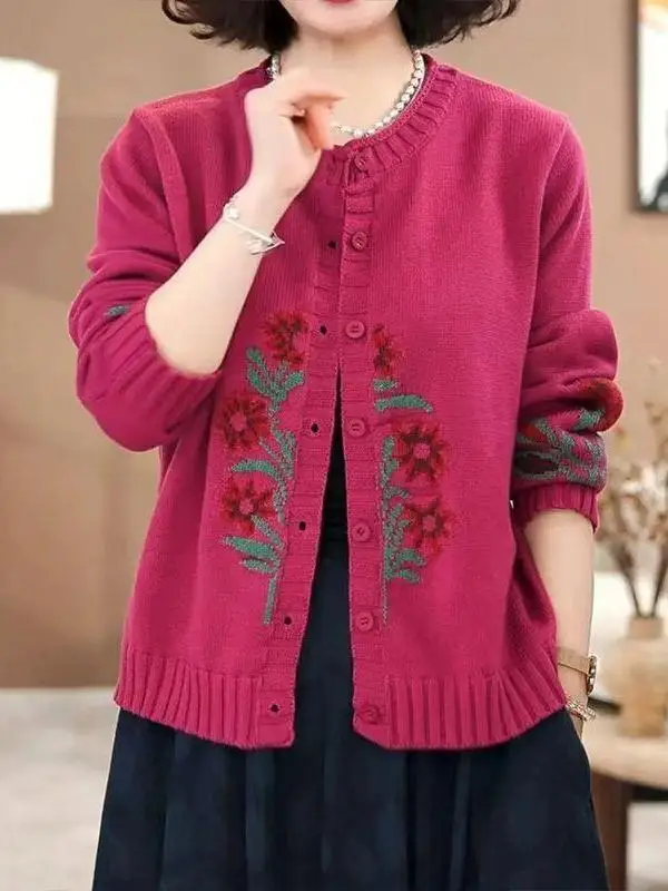 

Autumn Winter New Style Women's Loose plus Size Floral Fashion Retro Embroidered Slimming Knitted Open Cardigan Trendy Women'...