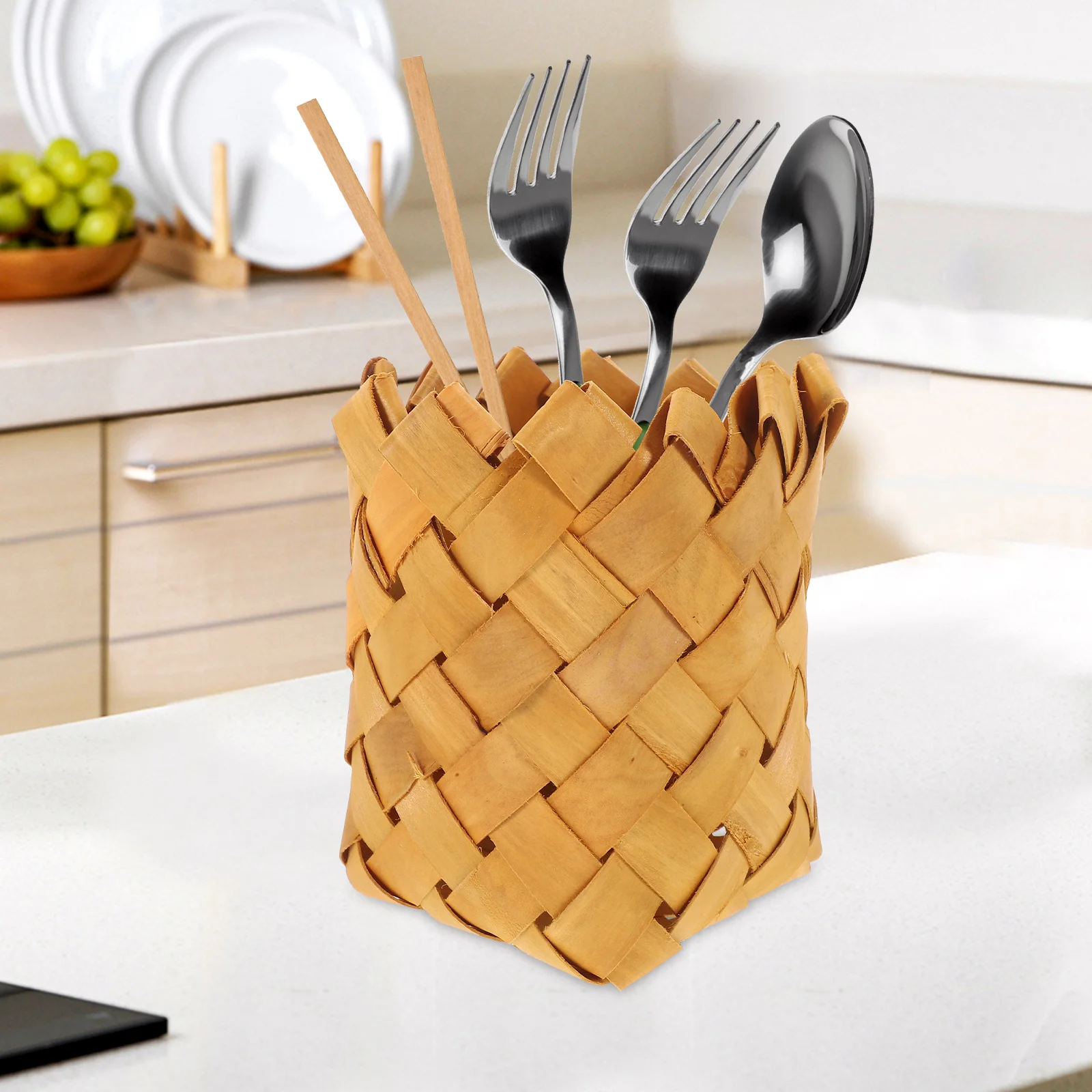 

Woven Basket Storage Organizer Kitchen Cutlery Chopsticks Pencil Holder Small Tableware Container Countertop Farmhouse Camping