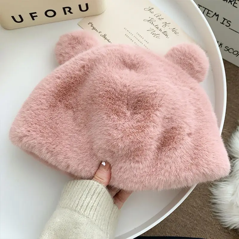 Cute Plush Hat For Girls Ins Style Y2K Little Bear Ears Hats Women Sweet Fashion Winter Plush Warm Hat Cosplay Harajuku Hats