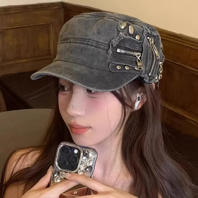 Retro Punk Personalized Rivet Zipper Design Flat Top Baseball Caps Women Spring and Summer Fashion Versatile Niche Visors Y2k