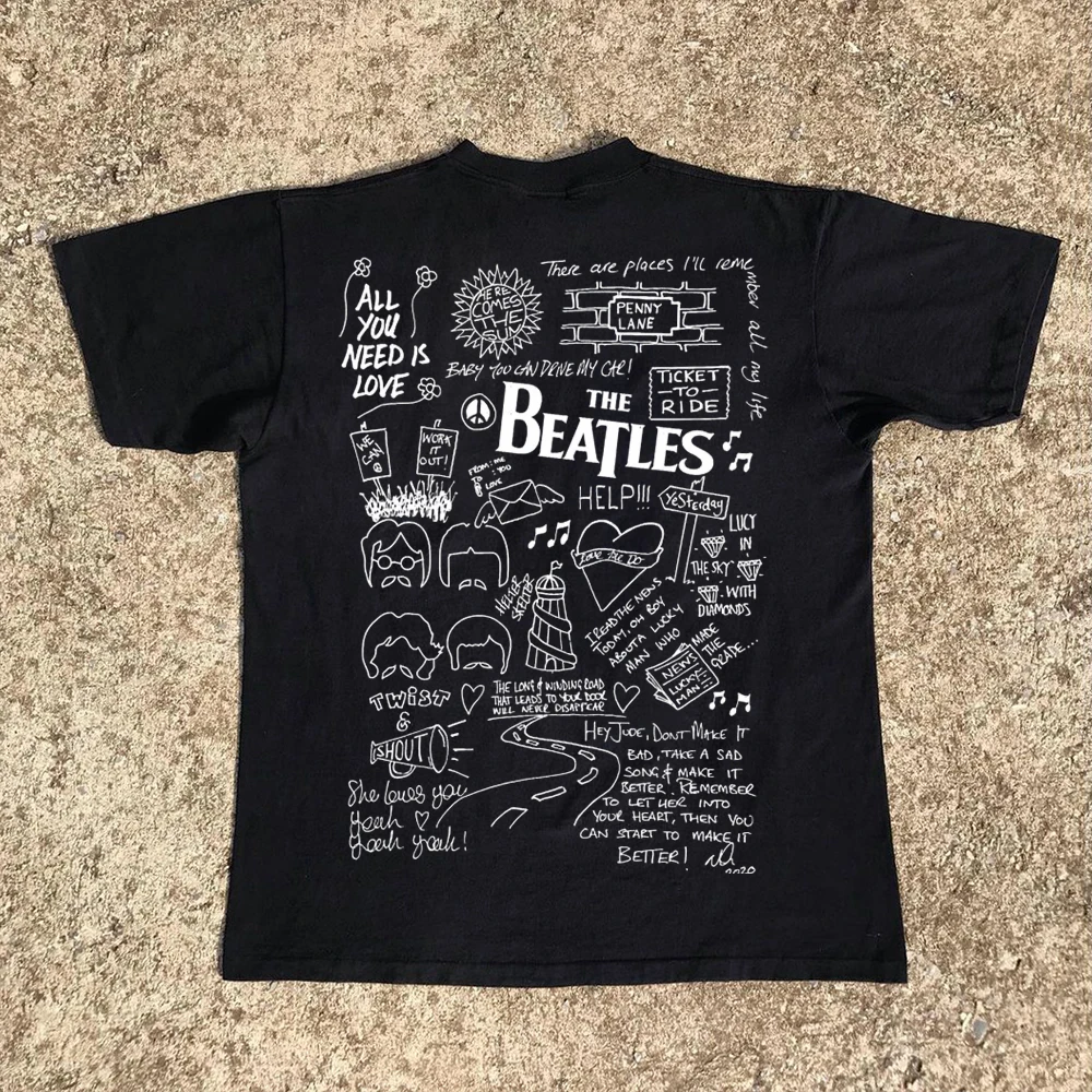 American Retro Rock Band Graffiti Hand-Drawn Style Short Sleeve T-Shirt Vintage Breathable Cotton Male Female Universal T-Shirt