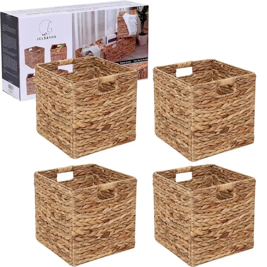 

Storage Baskets Set of 4 Water Hyacinth Baskets,Foldable Handwoven Storage Cubes,Wicker Cube Baskets Laundry Organizer Totes for
