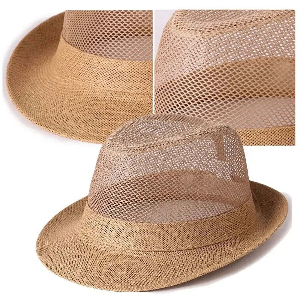 Hip Hop Breathable Mesh Top Hat Solid Color Lightweight Hollow Sun Hat Rolled Brim Sun Protection Beach Jazz Cap Summer Season view 2