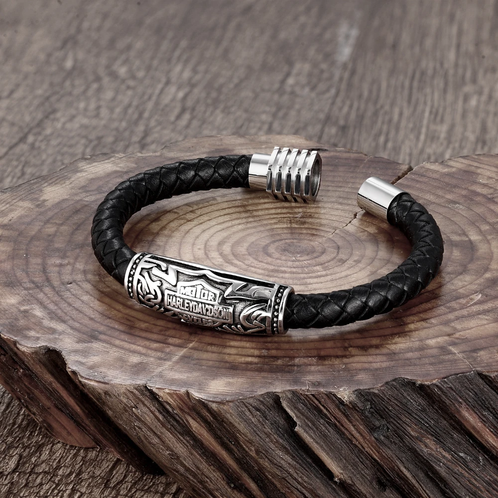 Fashion Bracelet Viking Bracelet For Men Hand Bracelets Woven Stainless Steel Word Bead Jewelry Leather Set Bracelet For Man