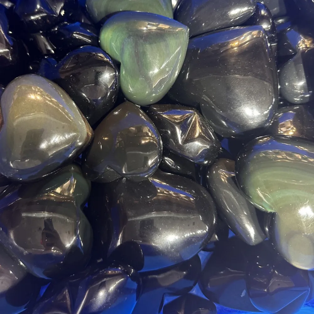 Natural Obsidian Love Playing with Rainbow Eye, Heart Shaped Ornament, Raw Stone Craft, Decorative Gifts