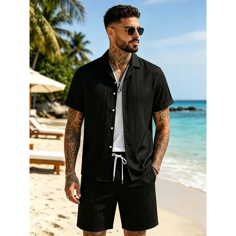 Ensemble de costume décontracté d'été pour hommes, chemise à col cubain + short ample, confortable et léger pour les vacances à la plage, vêtements de tous les jours, streetwear