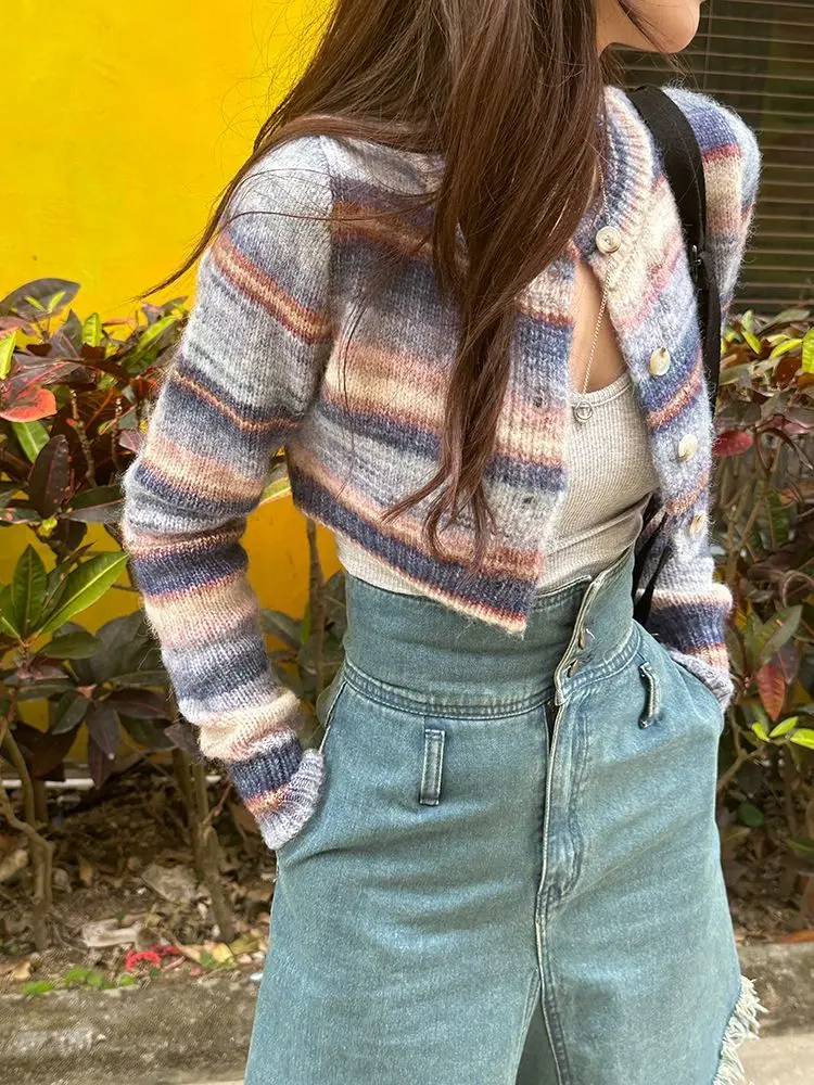 

Y2K полосатый контрастный цвет весна осень винтажный теплый мягкий вязаный кардиган женский шикарный дизайн повседневный милый свитер De Mujer