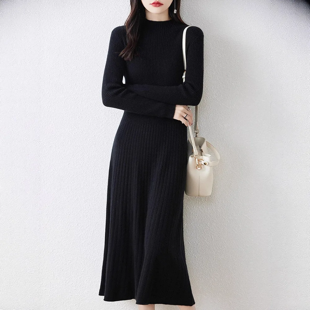 New A-line Middle Long Dress Warm Half Turtleneck Knitting Sweater Women Autumn Winter Clothes Woman Knitwear Pullover Tops