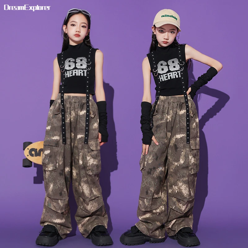 Girls Hip Hop Crop Tank Top Oversleeve Camouflage Cargo Pants Clothes Sets Kids Streetwear Children Street Dance Stage Costumes