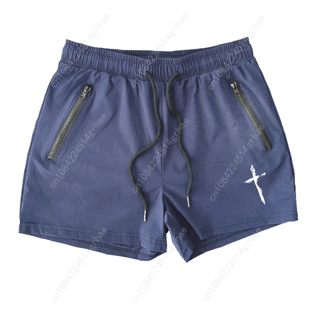 Men's Cross Print Beach Shorts Summer Quick Dry Side Double Zipper Pockets Design Running Basketball Training Gym Shorts