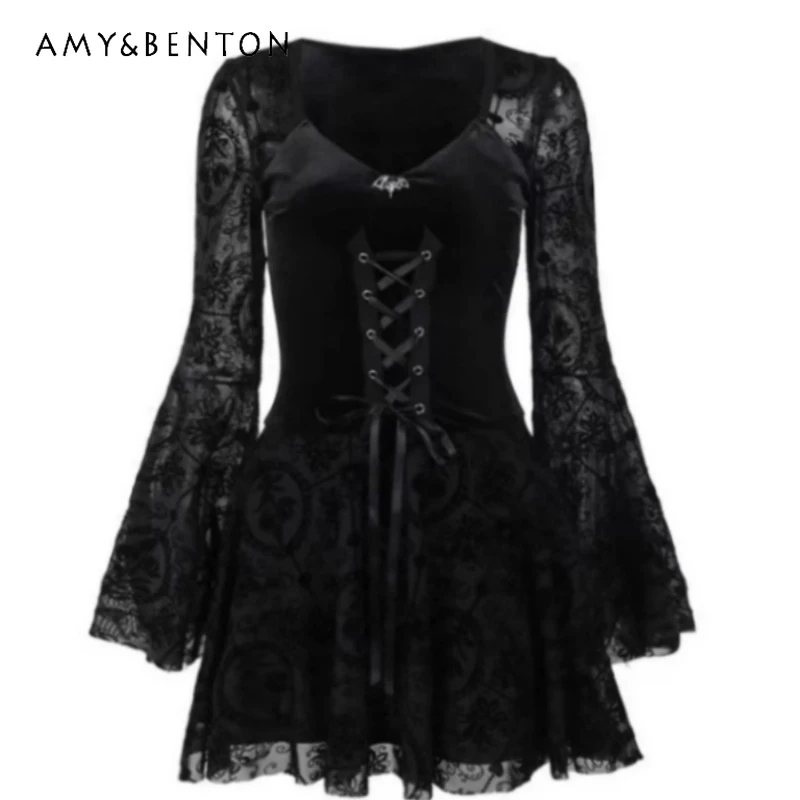 

Gothic Dark Punk Retro Velvet Black Women's Dress Original Design 2025 Autumn New Sweet Cool Y2k Sexy Halloween Costume Ladies