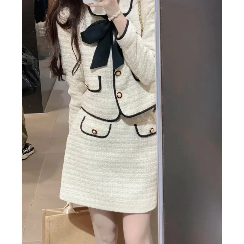 UNXX 2023 Spring and Autumn New Style Small Fragrance Fashion Suit Skirt Women\'s Sweet Bow Tie  Jacket  Two-piece Set