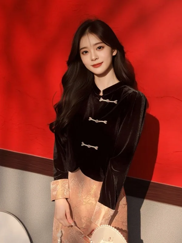 

New Chinese Style Elegant Two-Piece Set Slanted Button up Top Half-length Skirt Comfortable Cotton Long Sleeve Autumn Fashion