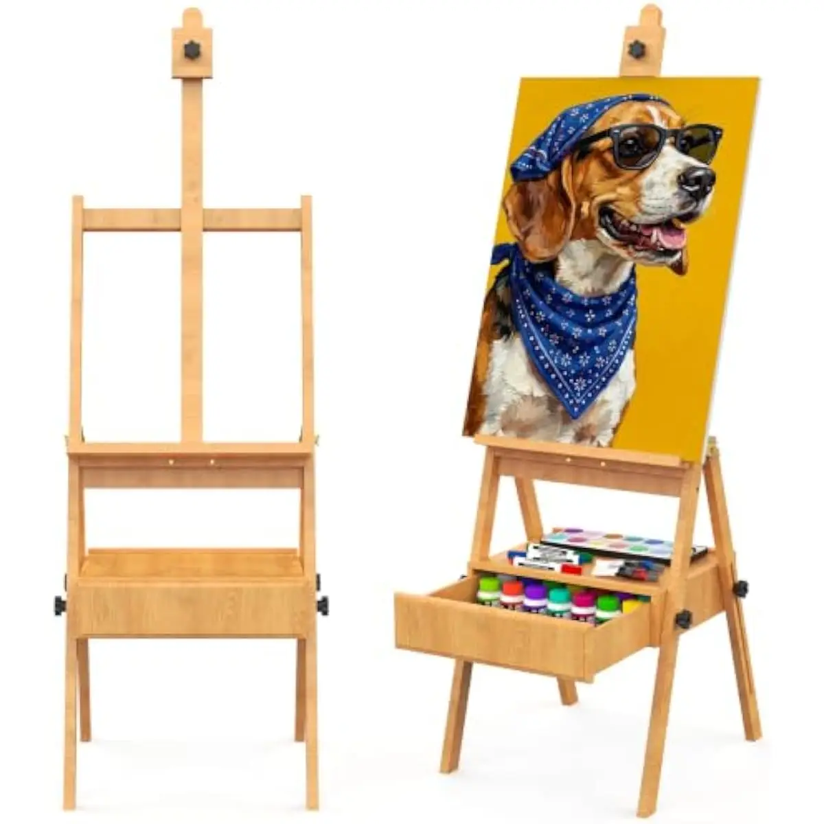 Sturdy Natural Beech H-Frame Painting Easel with Integrated Drawer Storage • Adjustable for Canvases Up to 36 Inches • Smooth Li