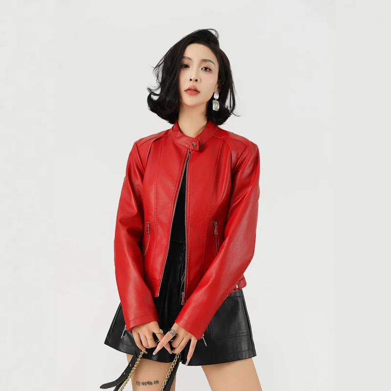 

New Fashion Women's Leather Short Coat Stand Collar Spring Autumn Thin Leather Red Leather European and Ame