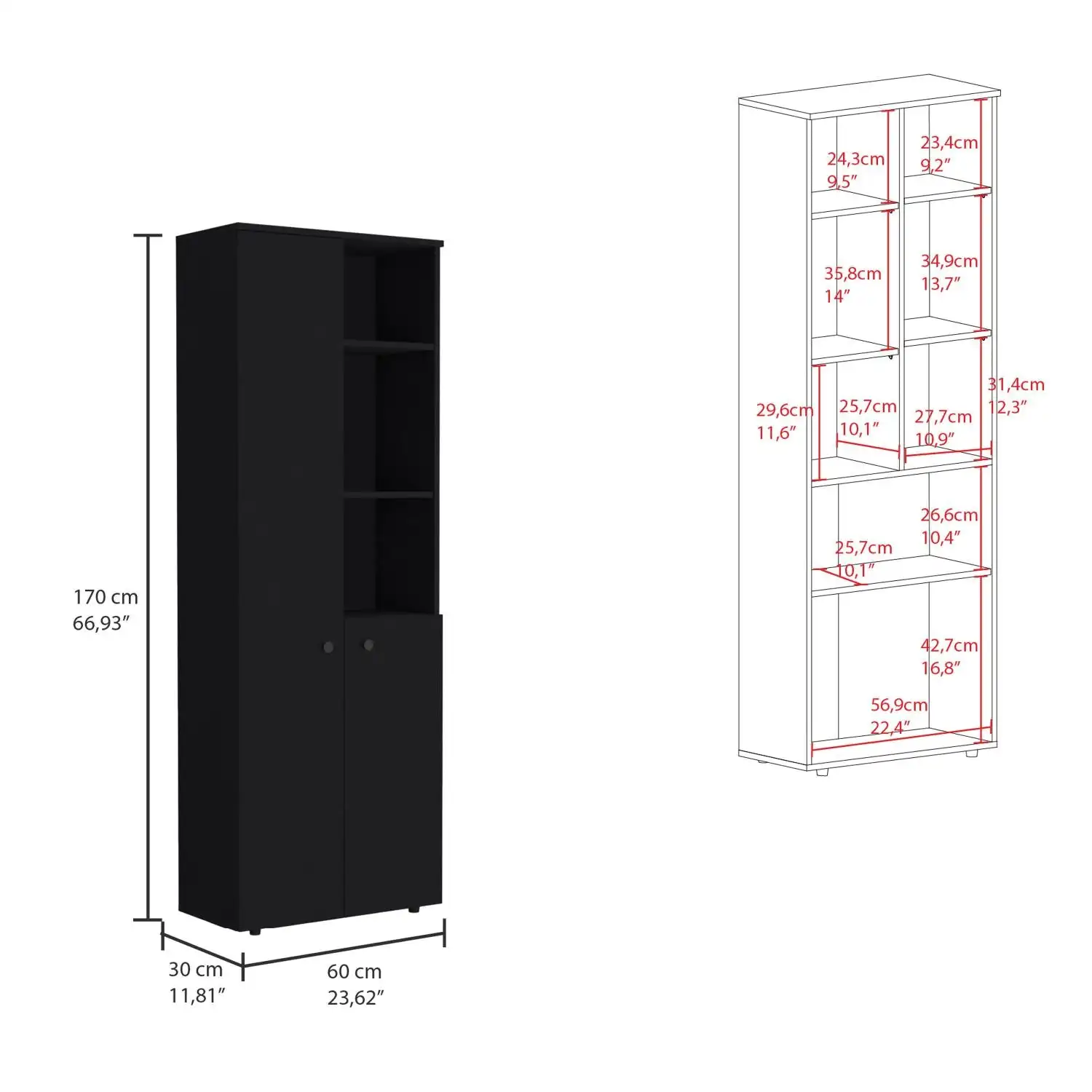 Konik 67-Inch High Storage Cabinet Kitchen Pantry With Three Doors and Three Exterior Shelves Black