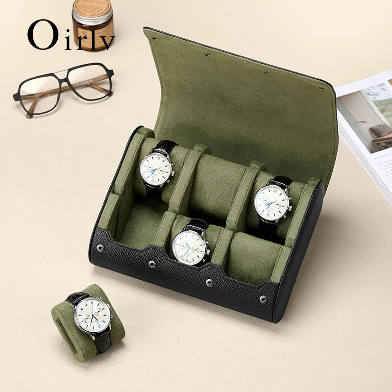 Oirlv 6 Slots Watch Box Leather Flip Wristwatch Display Case Organizer Watch Travel Case for Men Watches Roll Box Organizer Bag