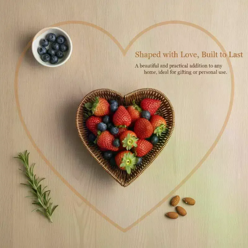 Heart Shaped Woven Storage Basket Hand-Woven Simulation Rattan Desktop Basket for Gift Home Decor Sundries Organizing Use